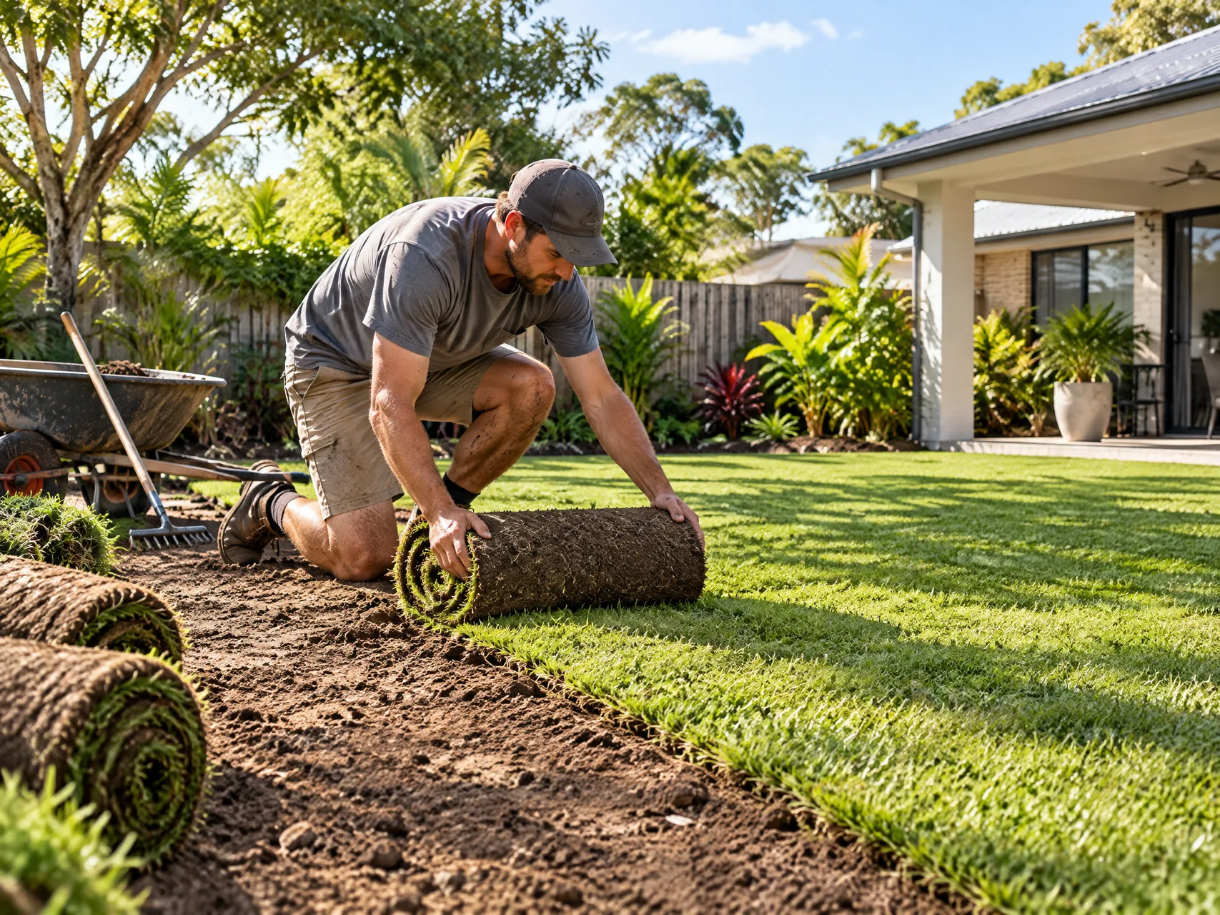 Natural turf being carefully laid in an Australian backyard