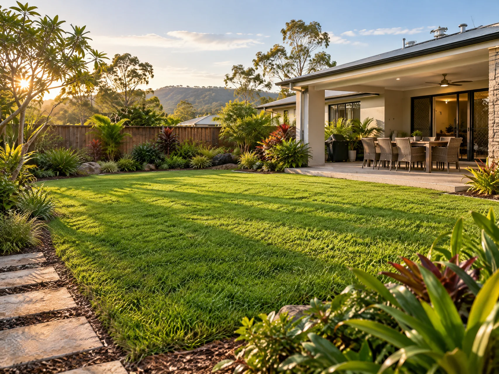 New green residential lawn beside a contemporary Australian home
